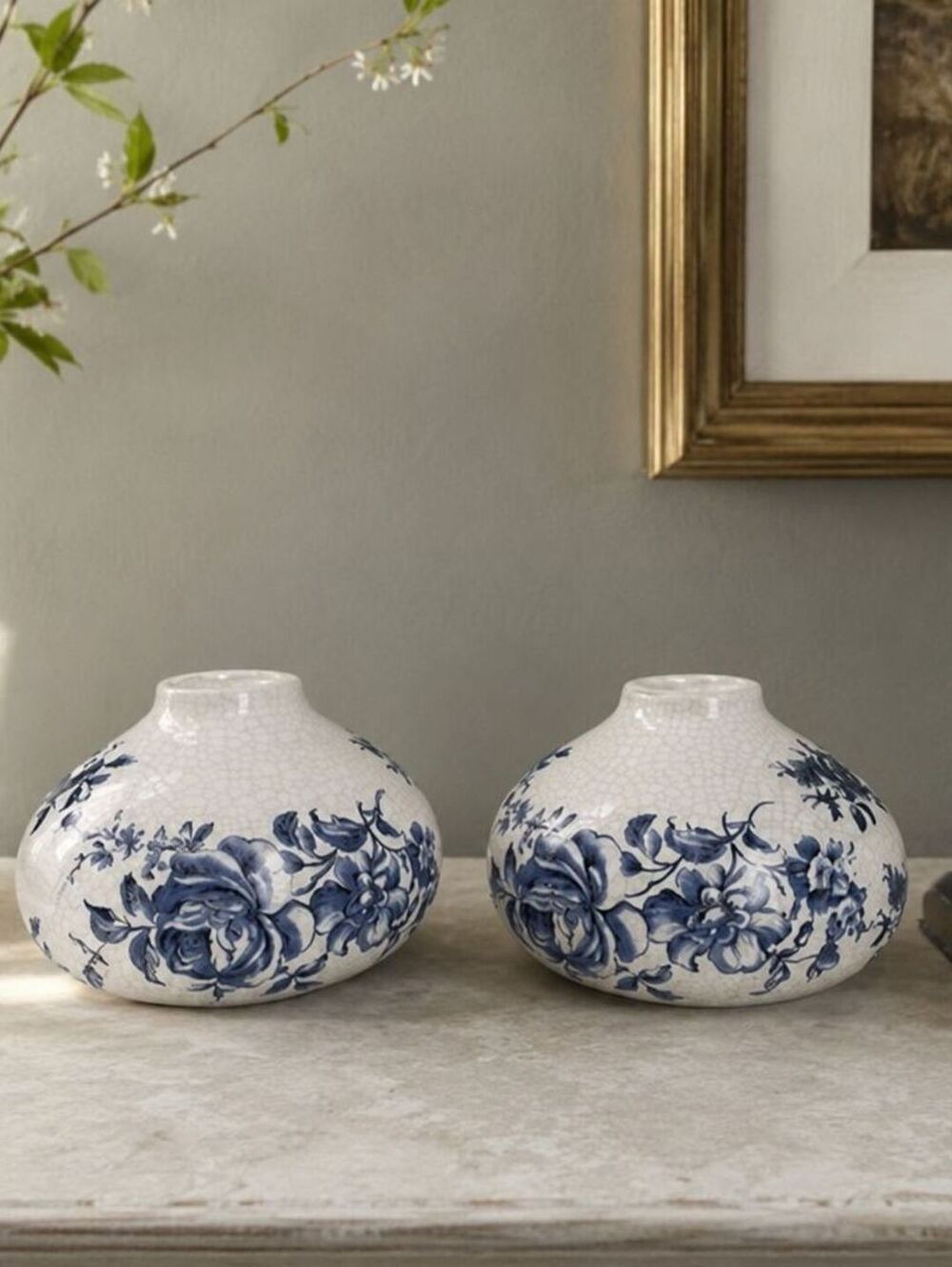 Vintage Italian Blue & White Floral Mini Vase Pair | Grandmillennial Cottage